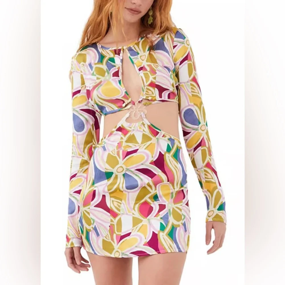 NWT For Love & Lemons Thora Floral Long Sleeve Satin Cutout Dress‎ - S